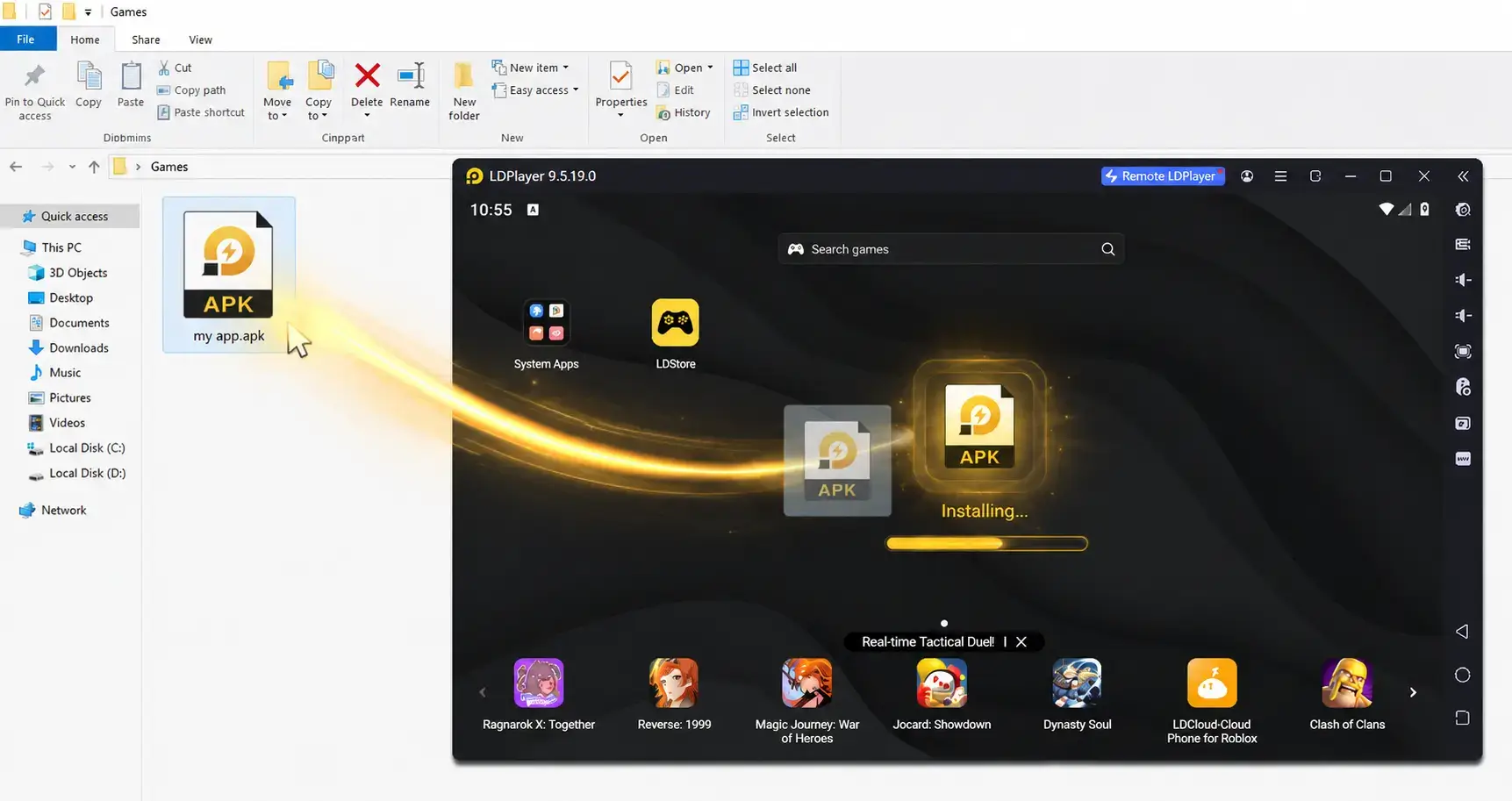 Dragging an APK file from Windows Explorer onto the LDPlayer window to install an Android app on PC