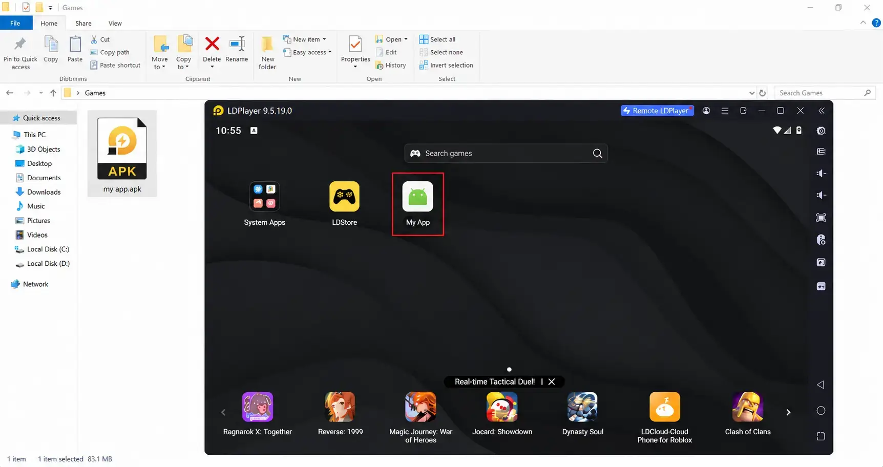 An Android app installed successfully from an APK file, showing on the LDPlayer home screen on a Windows laptop