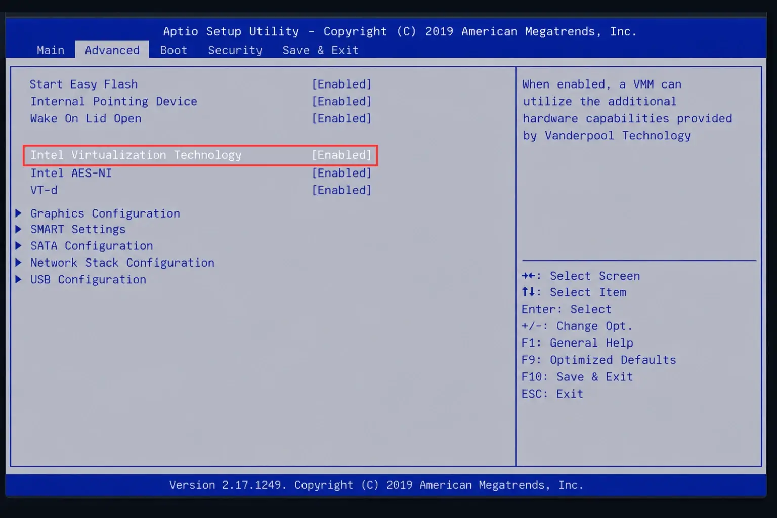 Enabling Intel Virtualization Technology in the BIOS Advanced tab before installing LDPlayer on a Windows laptop