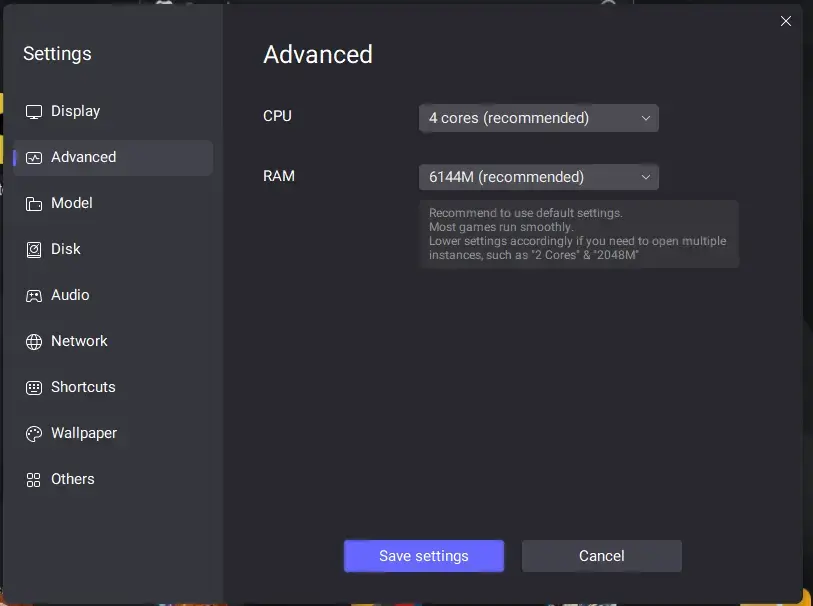LDPlayer Settings, Advanced tab, showing 4 cores and 6144M marked as recommended