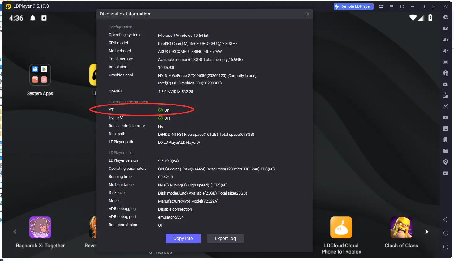 LDPlayer Diagnostics information window on Windows 10 showing VT: On and Hyper-V: Off