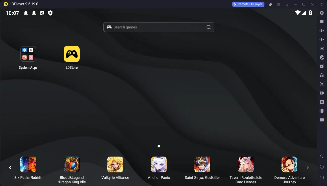 LDPlayer home screen on Windows after the first launch, showing System Apps and the LD Store