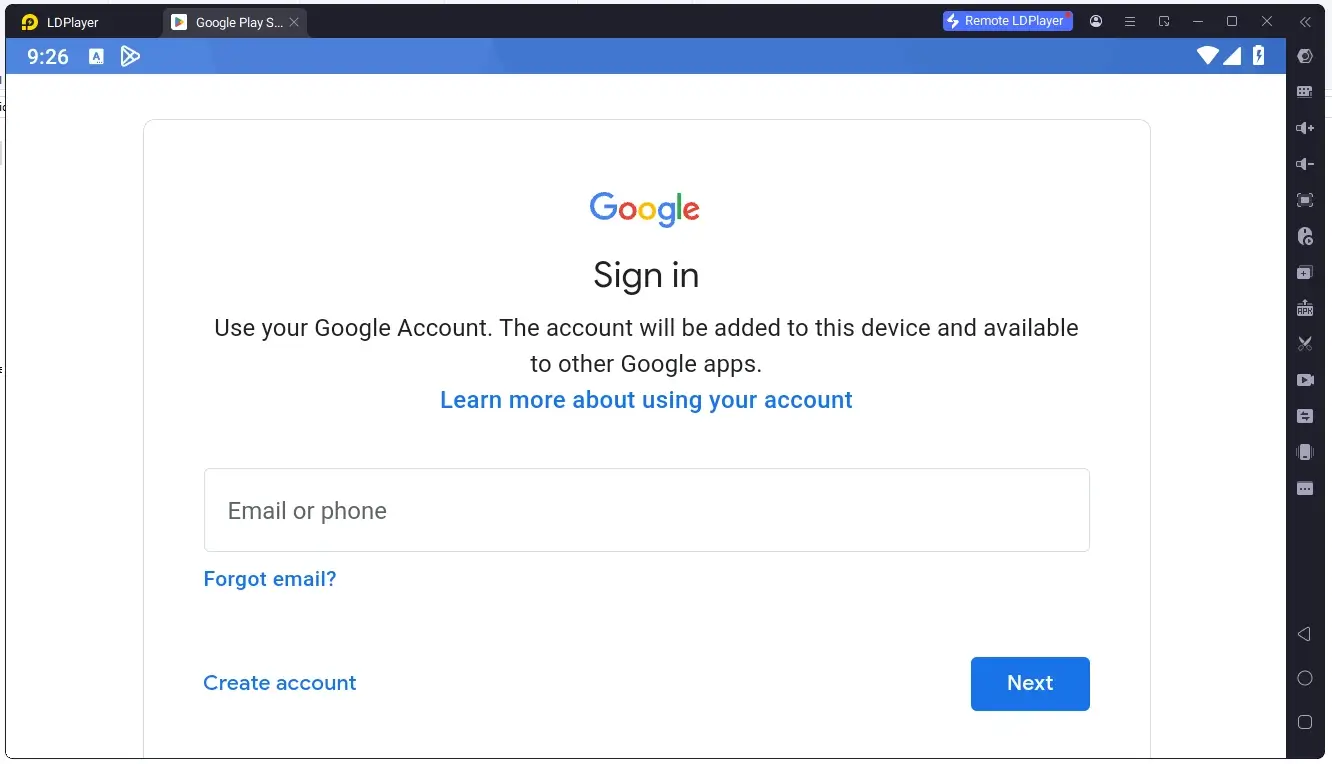 Signing in to a Google account inside LDPlayer on a Windows PC to use the Play Store