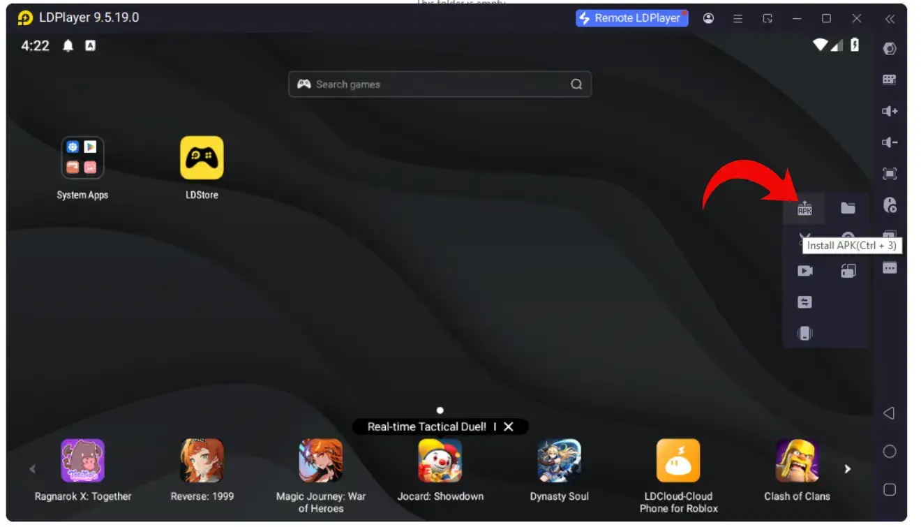 The Install APK button in the LDPlayer sidebar toolbar on Windows, with its Ctrl+3 shortcut tooltip