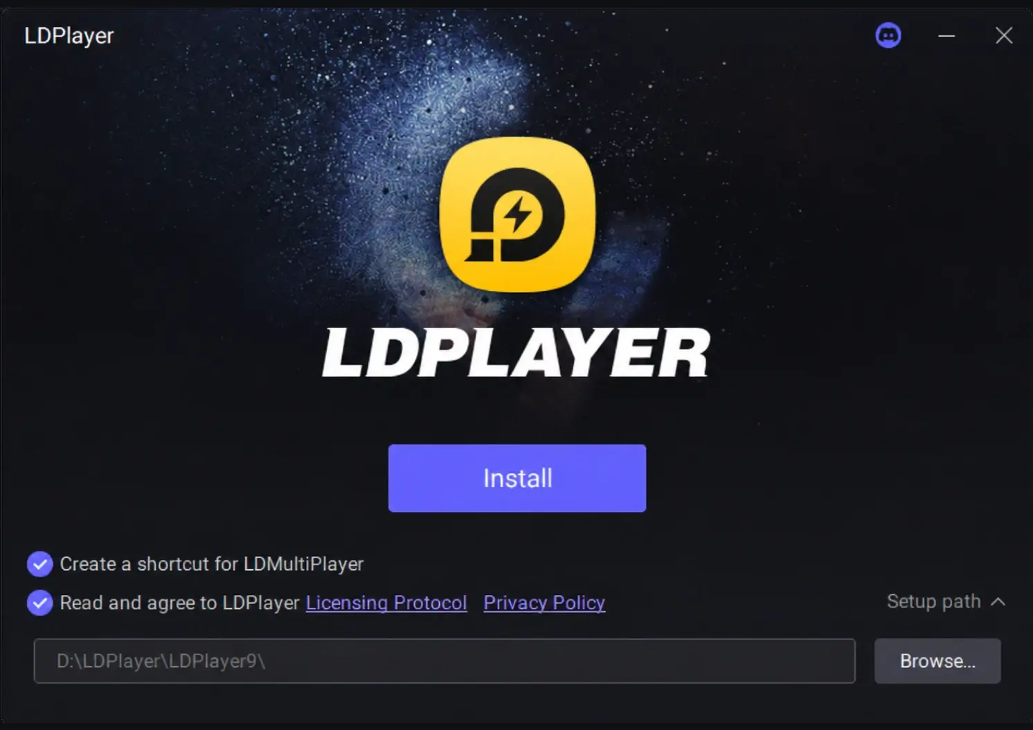 The LDPlayer 9 installer window on Windows with the Install button and the Setup path option