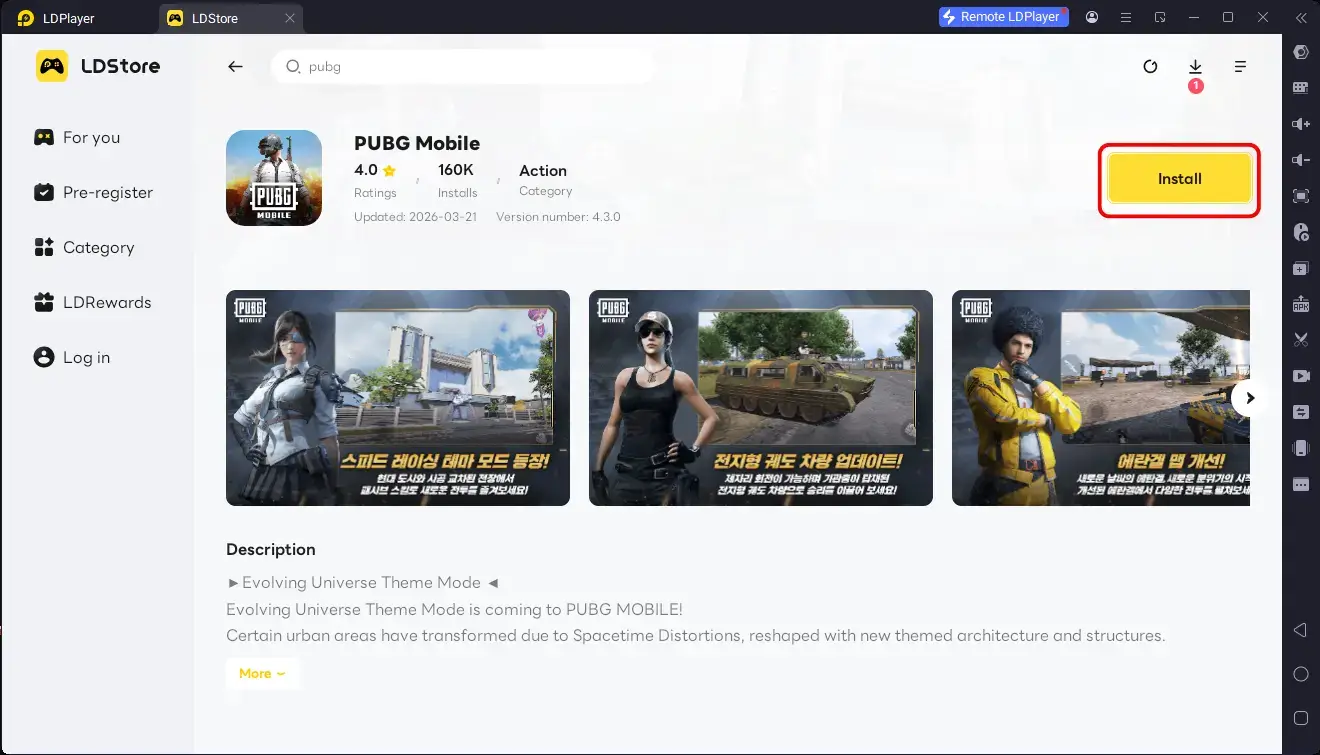 Installing PUBG Mobile from the LD Store on a Windows laptop by clicking the Install button