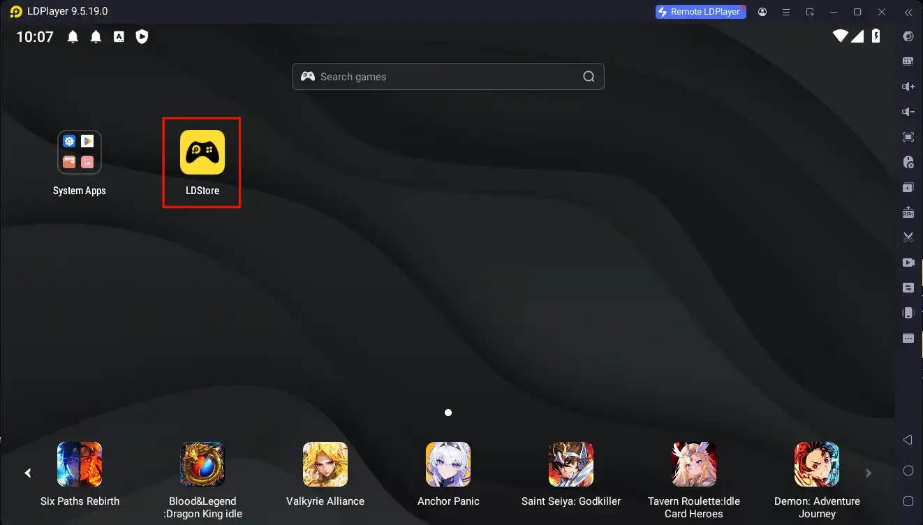 LDStore icon on the LDPlayer home screen on Windows 11, next to the System Apps folder