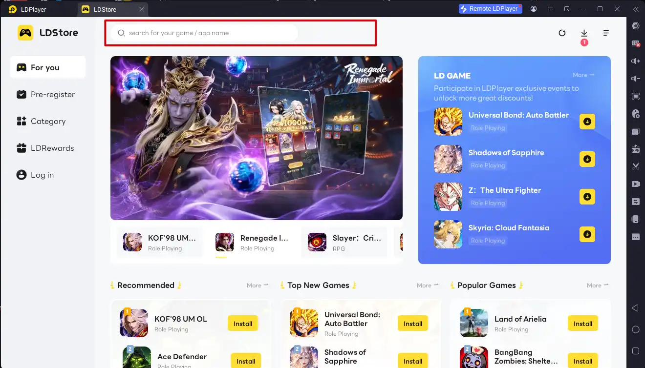 Searching for a game in the LD Store on a Windows PC, with the search bar and Install buttons visible