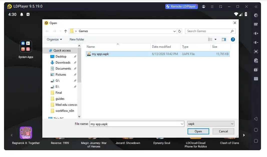 Selecting an XAPK file in LDPlayer's install dialog on Windows to install a large Android game on PC